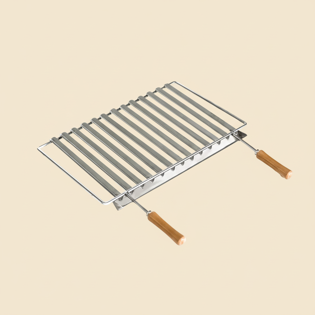 Griglia argentina LINEA e Basalto (58×38 o 78×38 cm) – Inox – Vaschetta raccoglitrice