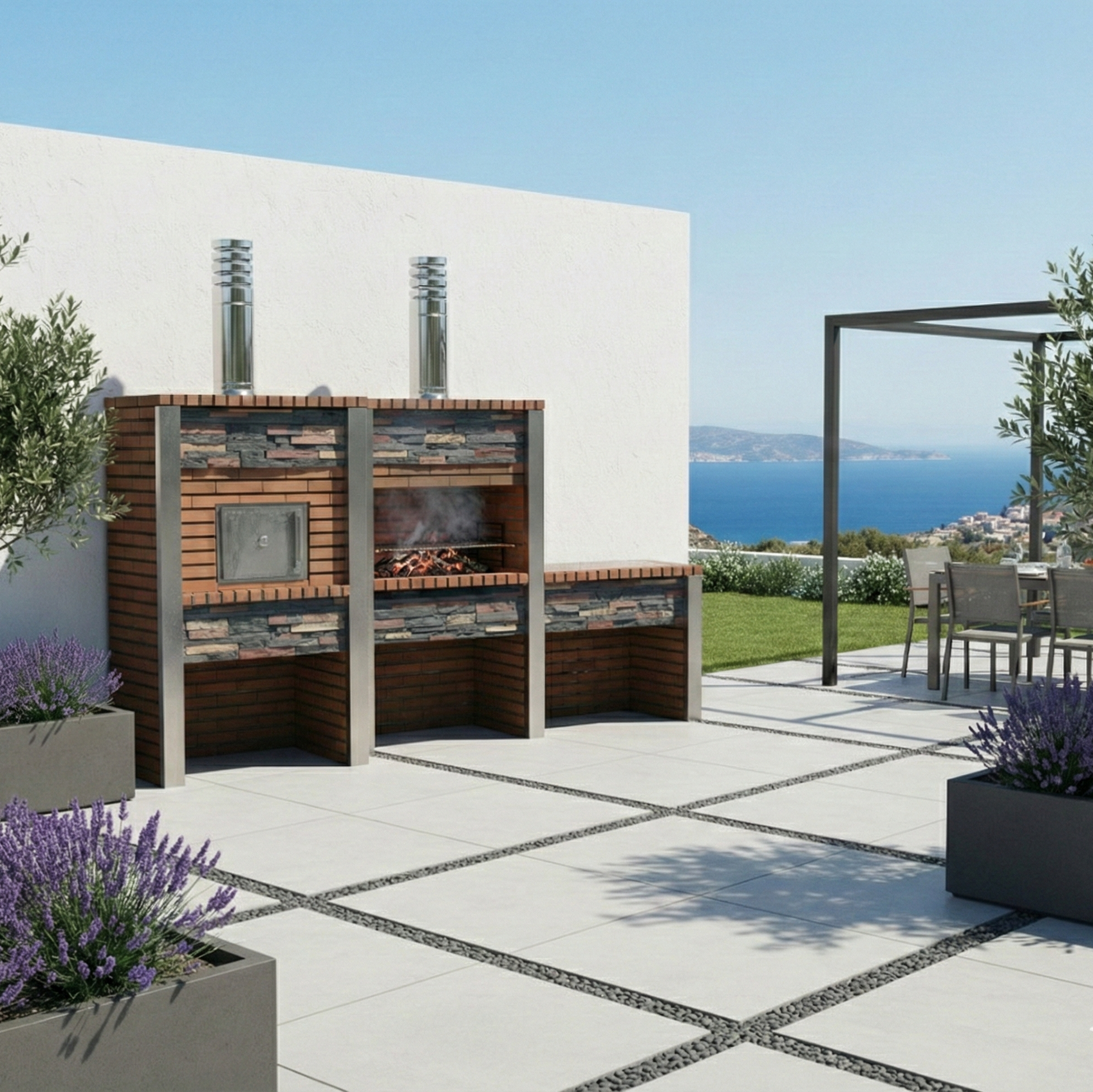 Inoxa 307 – Cucina da esterno premium in pietra ricostituita con forno Ø75 cm + barbecue 80×38 e piano in gres