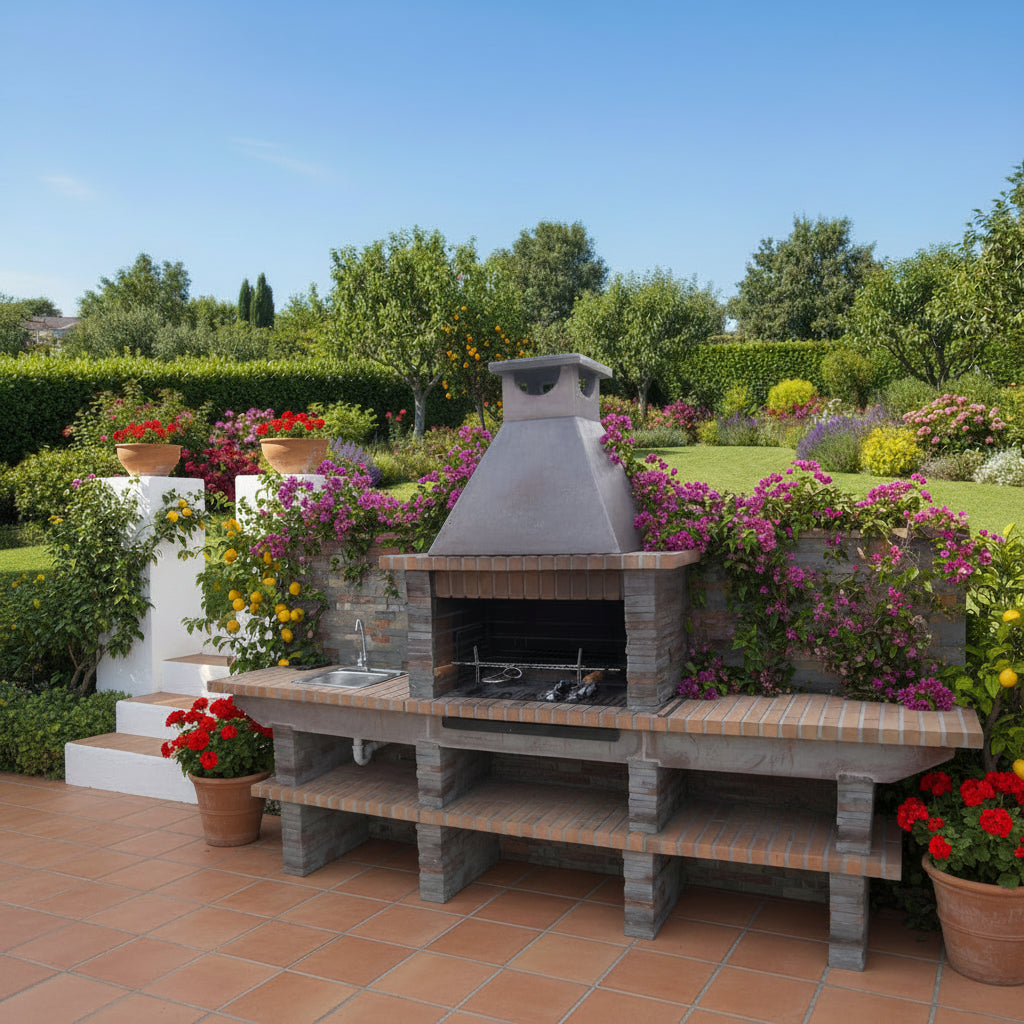 Basalto 480 – Barbecue in pietra ricostituita effetto ardesia con grande tavolo e piano di lavoro – Griglia da 80 cm (grigio o marrone) – Lavello in inox opzionale