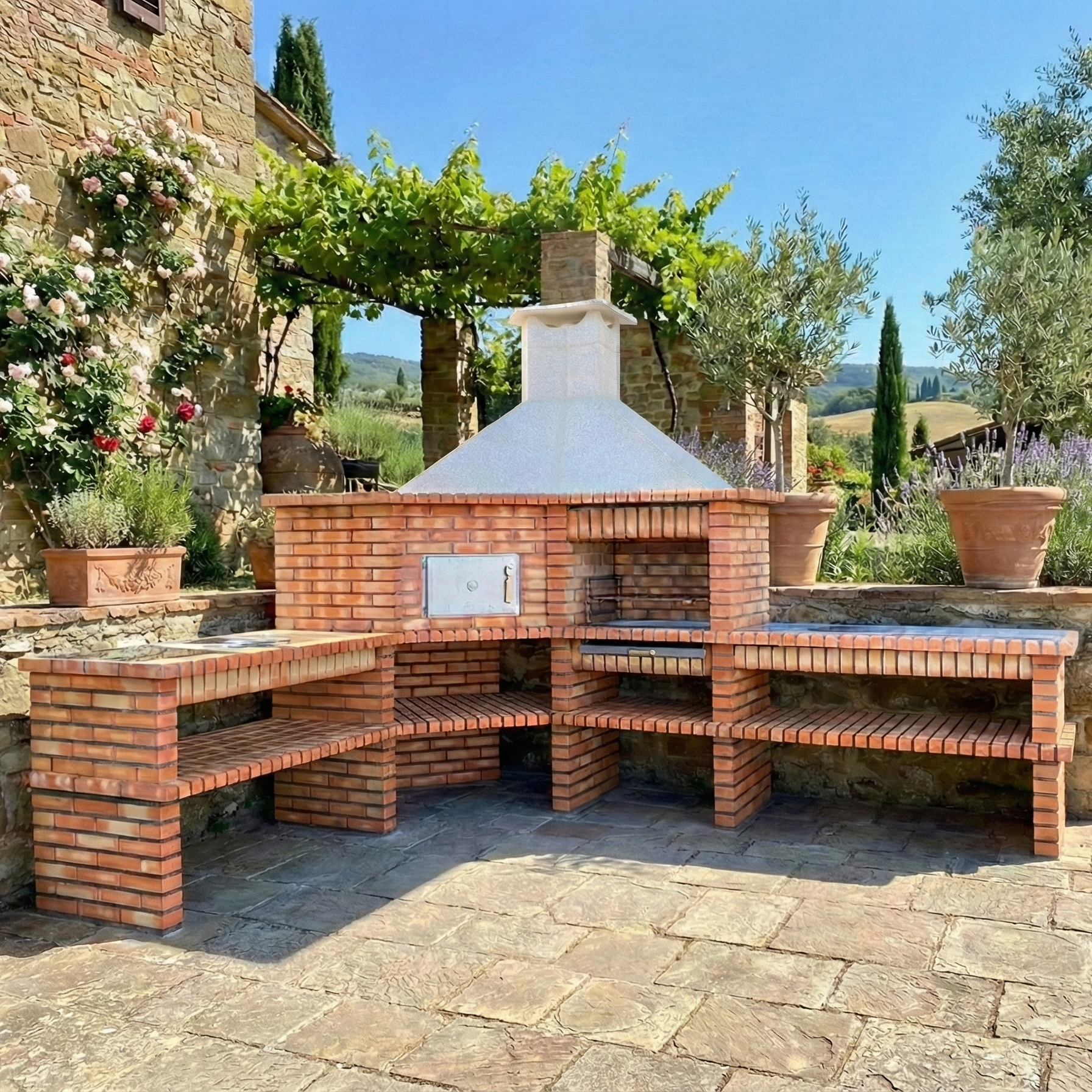 Brava 131 – Barbecue angolare in mattoni con forno e lavello