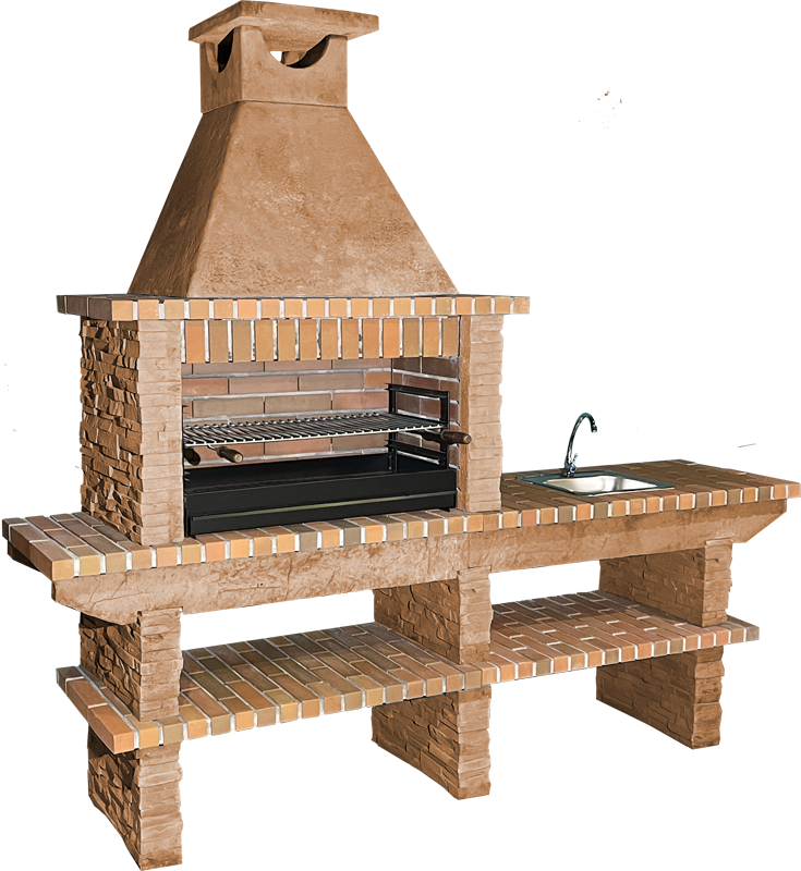 Basalto 380 – Barbecue in pietra ricostituita effetto ardesia con prolunga – Griglia da 80 cm (grigio o marrone) – Lavello in inox opzionale
