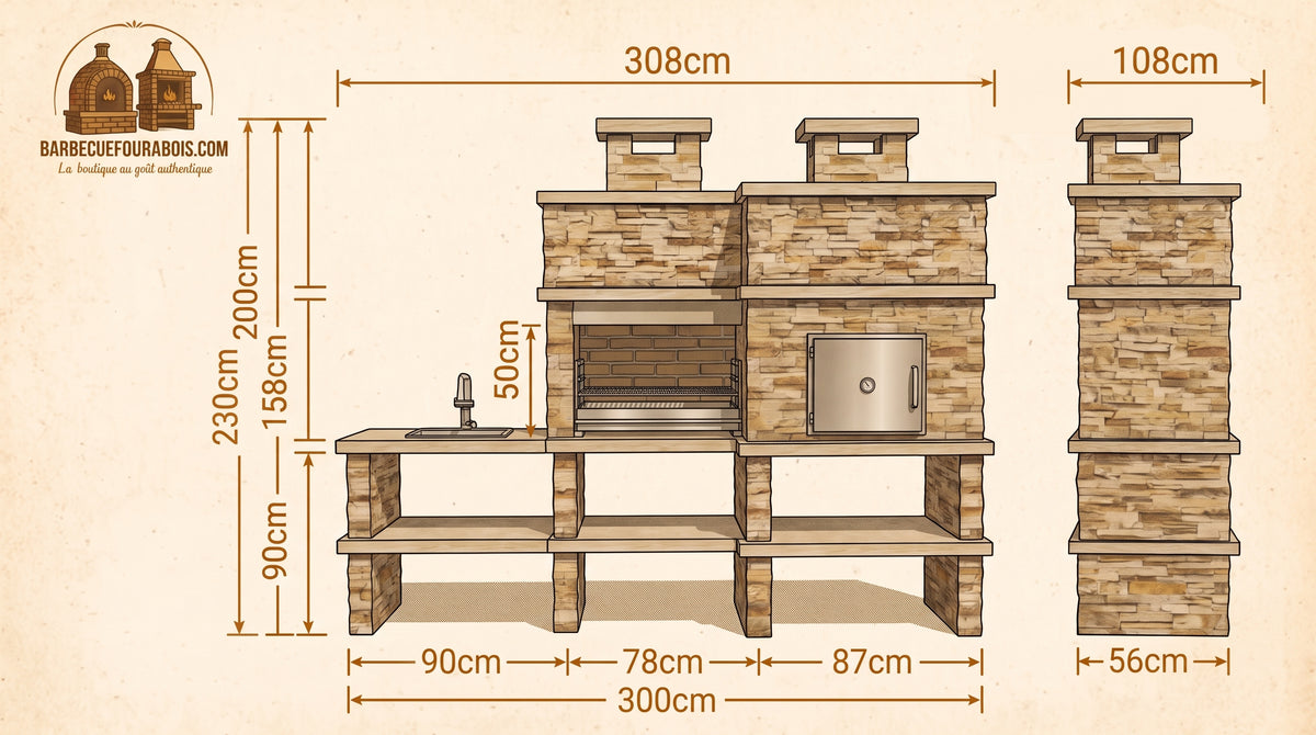 Montara 41 Four 80 – Slate-look stone barbecue with 80 cm grill, wood-fired oven and stainless steel sink