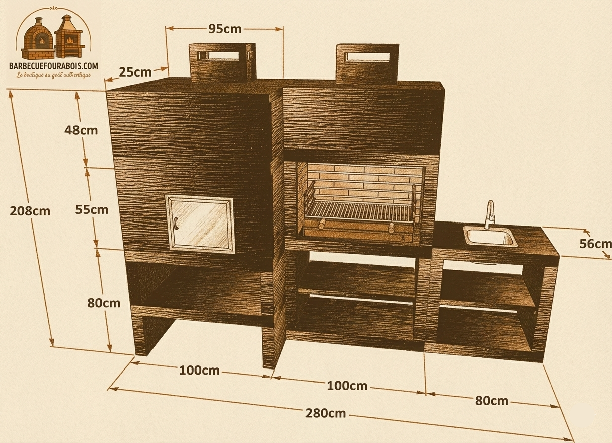 Linea 41F – Cucina da esterno modulare con forno Ø80 cm e lavello opzionale (80 cm)