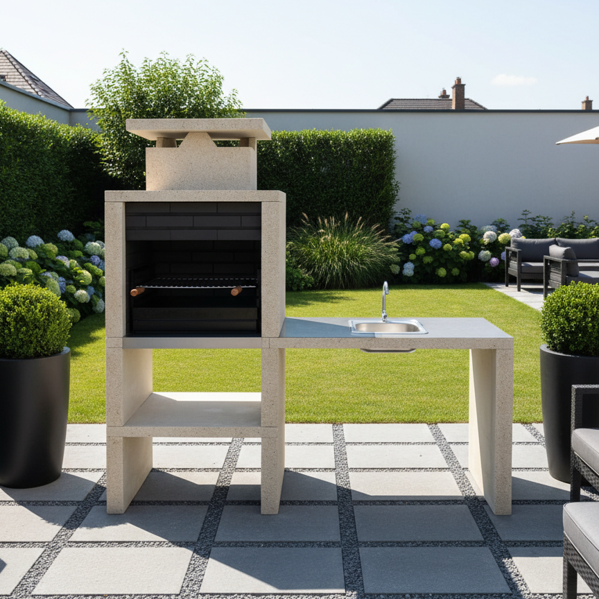 Nexa 610 – Barbecue moderno con lavello (lato a scelta) e piano in acciaio inox – griglia da 60×40 (acciaio inox opzionale)