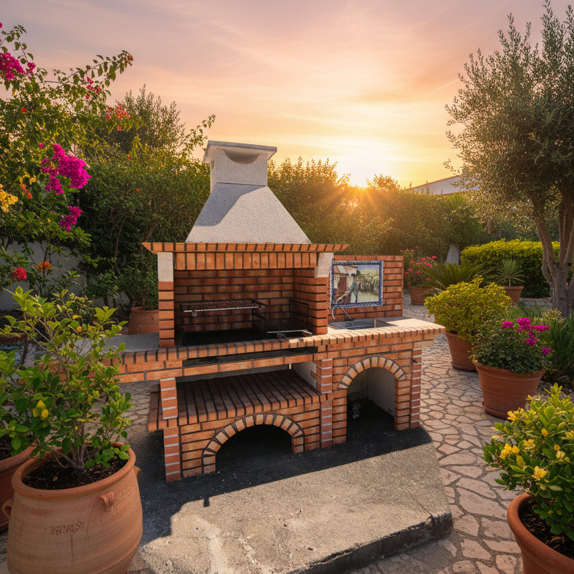 Calabria 326 – Barbecue in mattoni e pietra ricostituita con ampio piano di lavoro – griglia da 90 cm (lavello + affresco opzionali)