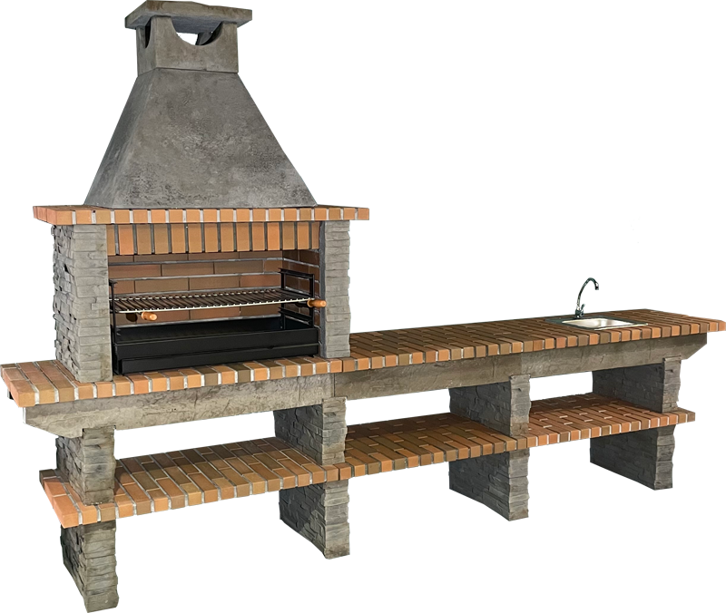 Basalto 480 – Barbecue in pietra ricostituita effetto ardesia con grande tavolo e piano di lavoro – Griglia da 80 cm (grigio o marrone) – Lavello in inox opzionale