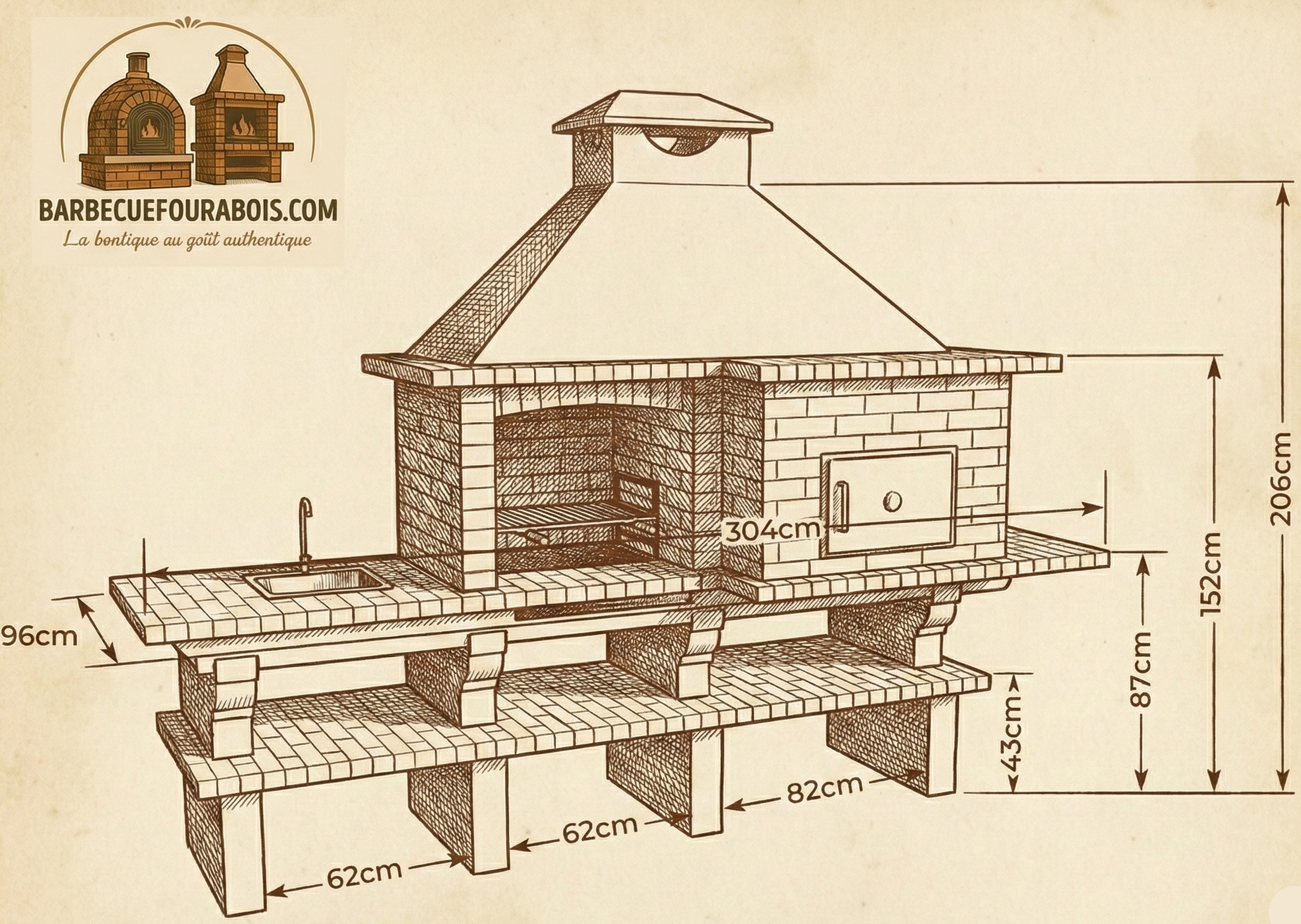 Brava 102F – Cucina da esterno in mattoni lineare con forno Ø80 cm e lavello (rubinetto incluso)