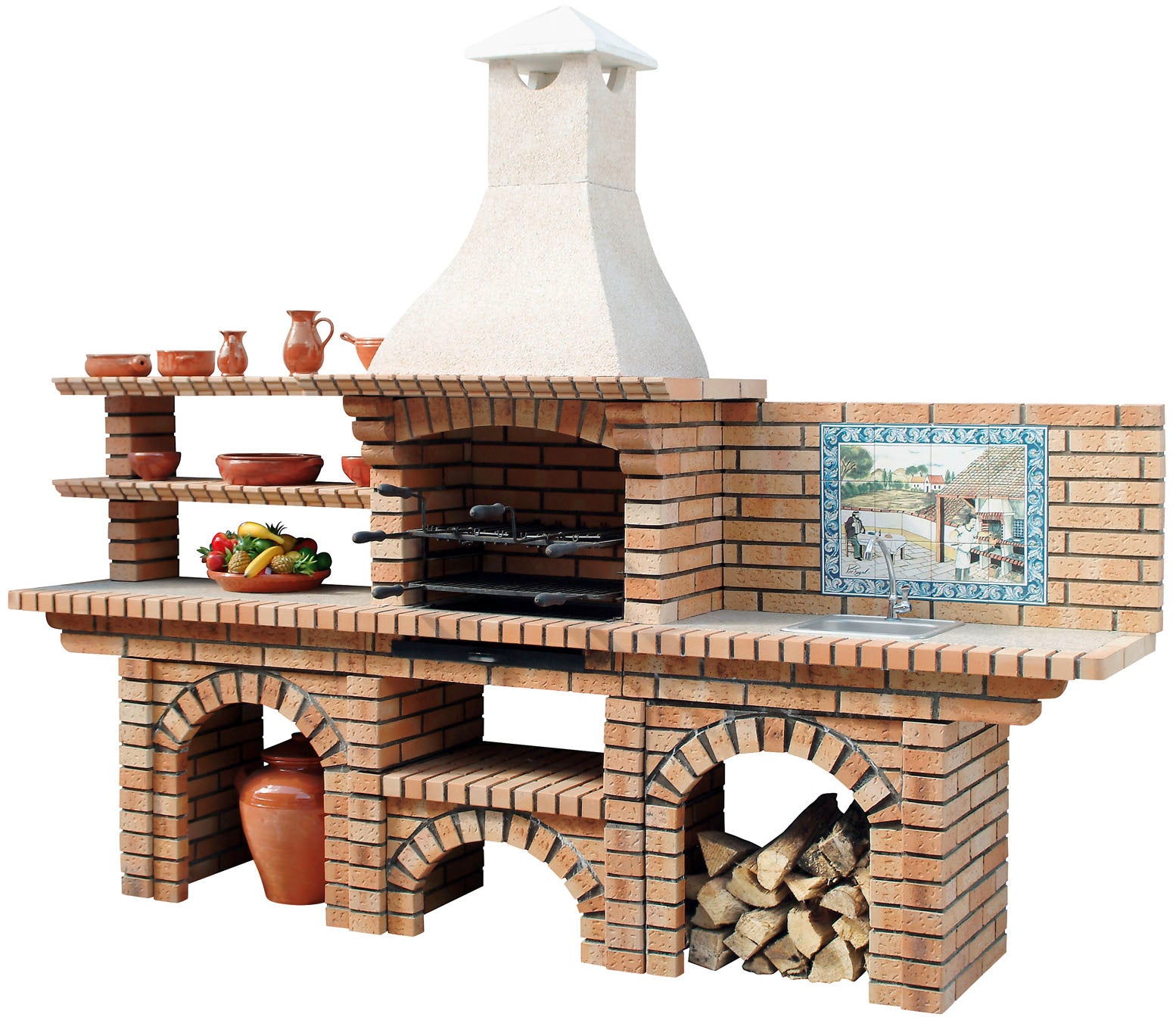 Calabria 601 – Barbecue interamente in mattoni con 2 tavoli (mensole + lavello opzionali) – affresco incluso