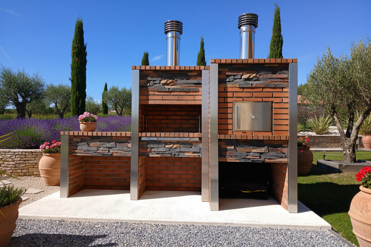 Inoxa 307 – Cucina da esterno premium in pietra ricostituita con forno Ø75 cm + barbecue 80×38 e piano in gres