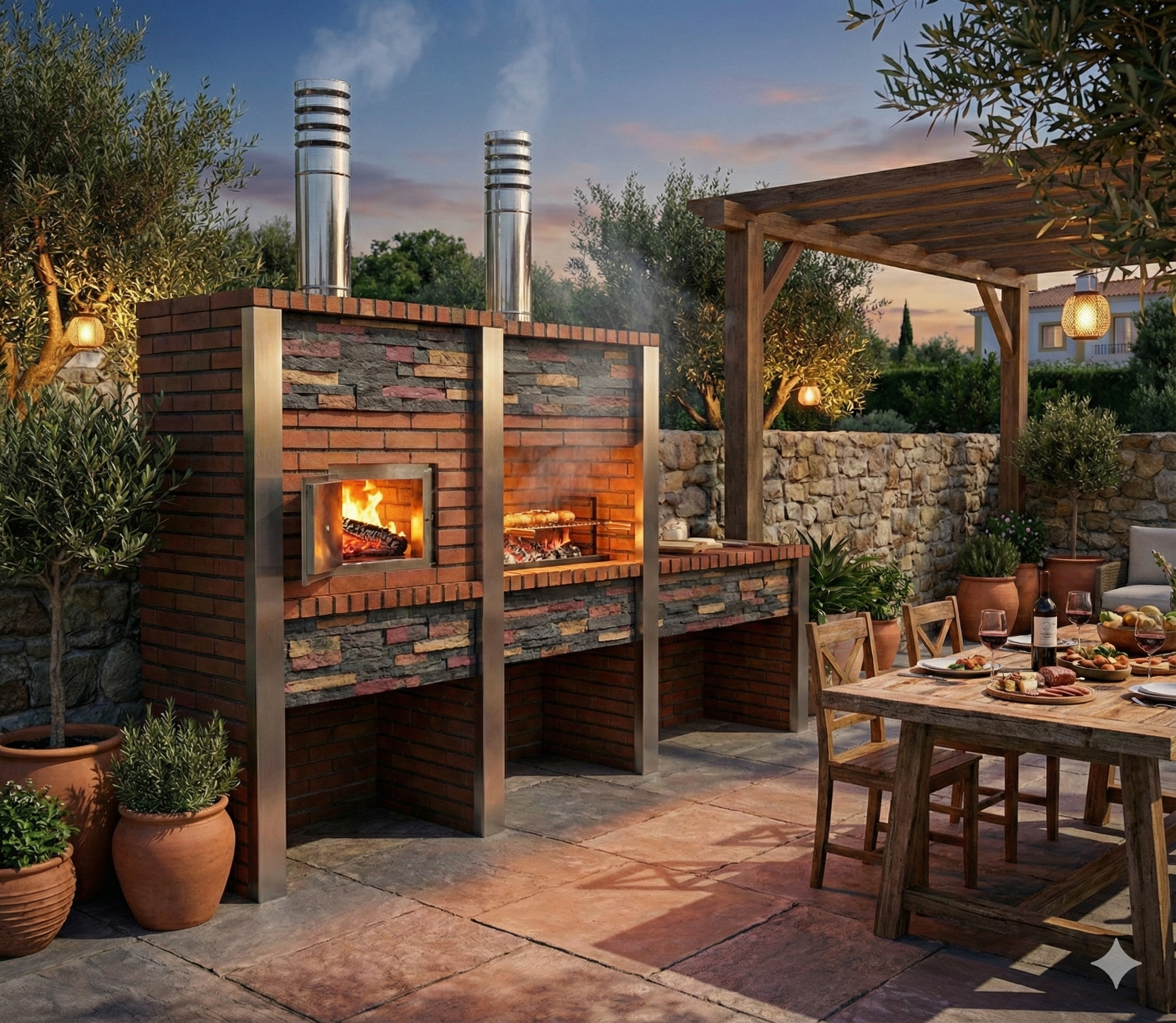 Cuisine d'été extérieure en briques et parement de pierres au crépuscule. Un four à bois est allumé avec des flammes visibles, et des braises chauffent sous une grille. Une table de jardin en bois rustique est dressée avec de la nourriture, du vin et des chaises. Une pergola en bois avec des lanternes suspendues éclaire la scène. Des plantes en pot et un mur de pierre complètent l'arrière-plan.