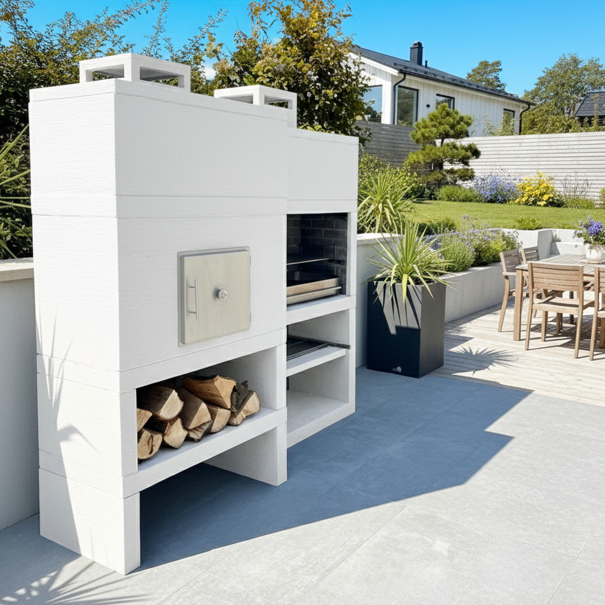 Linea 25F – Barbecue moderno + forno a legna Ø80 cm (kit di isolamento incluso) – griglia in acciaio da 80 cm