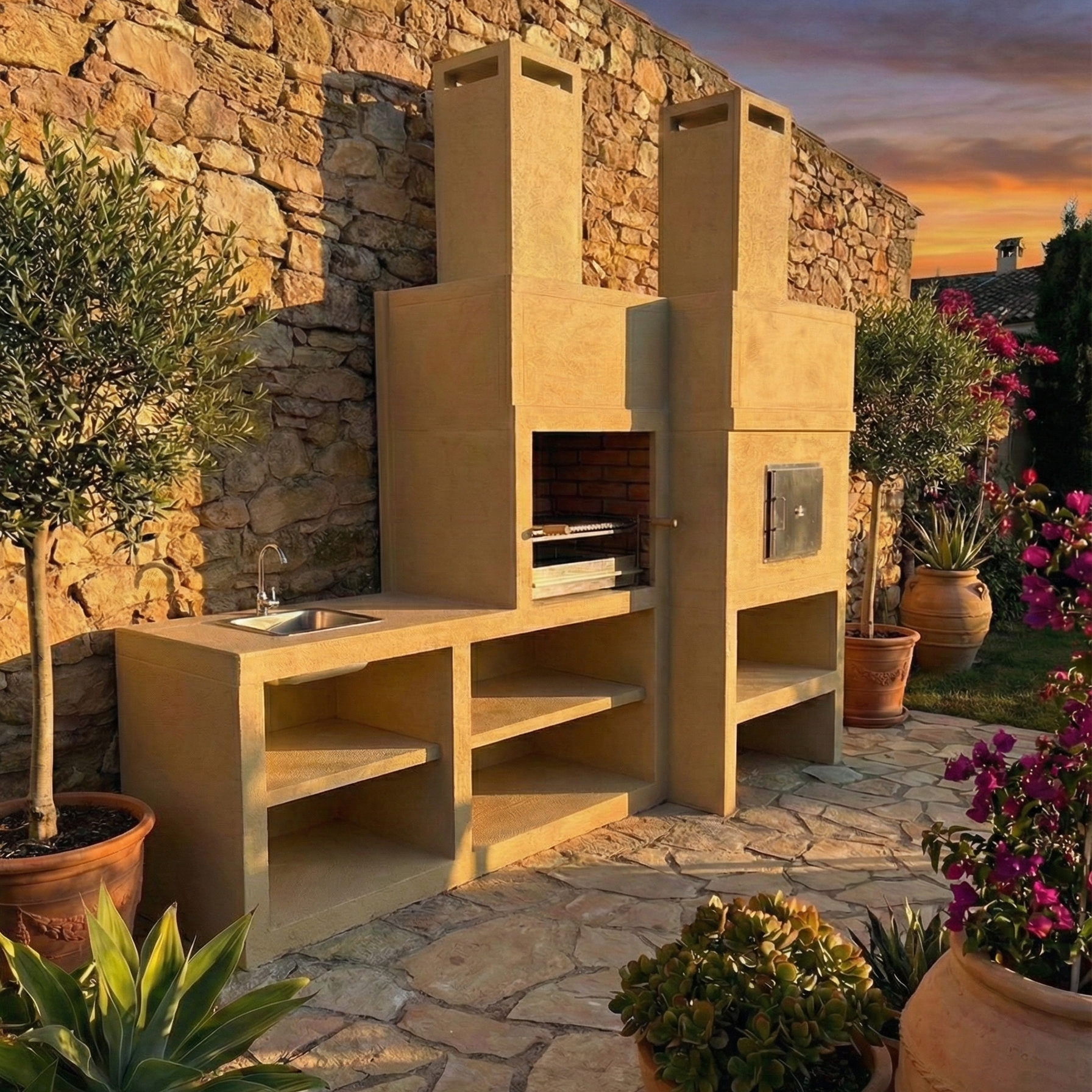 Linea 30F – Cucina da esterno modulare con forno Ø80 cm, griglia da 60 cm e modulo lavello (opzionale)