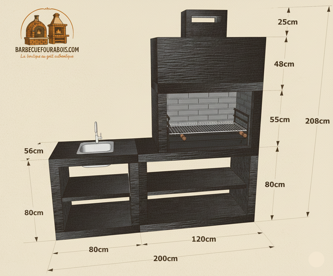 Linea 35 – Cucina da esterno moderna da 200 cm (moduli intercambiabili) – griglia in acciaio da 80 cm, lavello opzionale