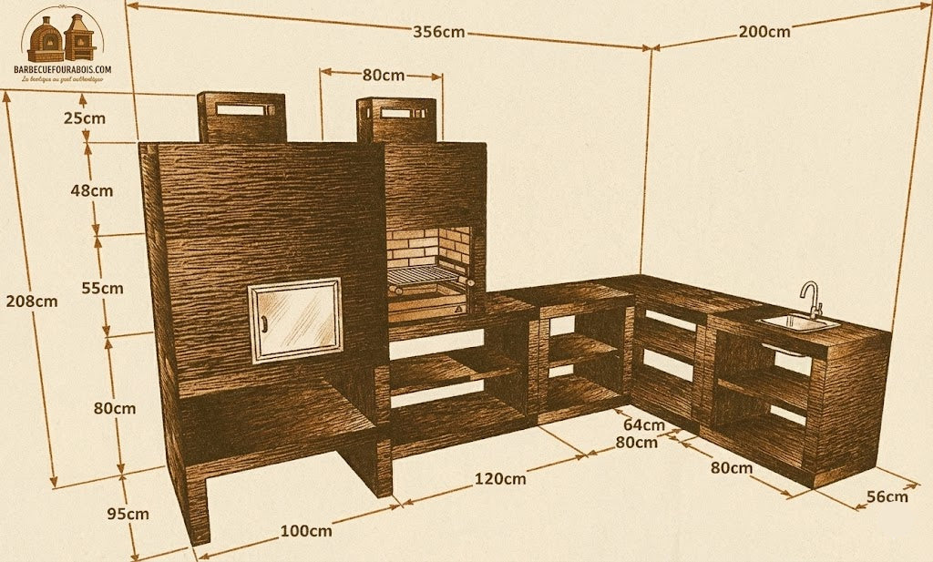 Linea 55F – Cucina da esterno angolare modulare con forno Ø80 cm e griglia da 60 cm (lavello opzionale)