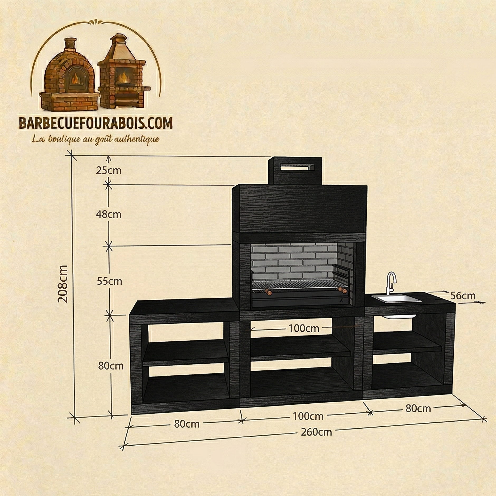 Linea 61 – Barbecue moderno con lavello – griglia da 80 cm – 260×56 cm