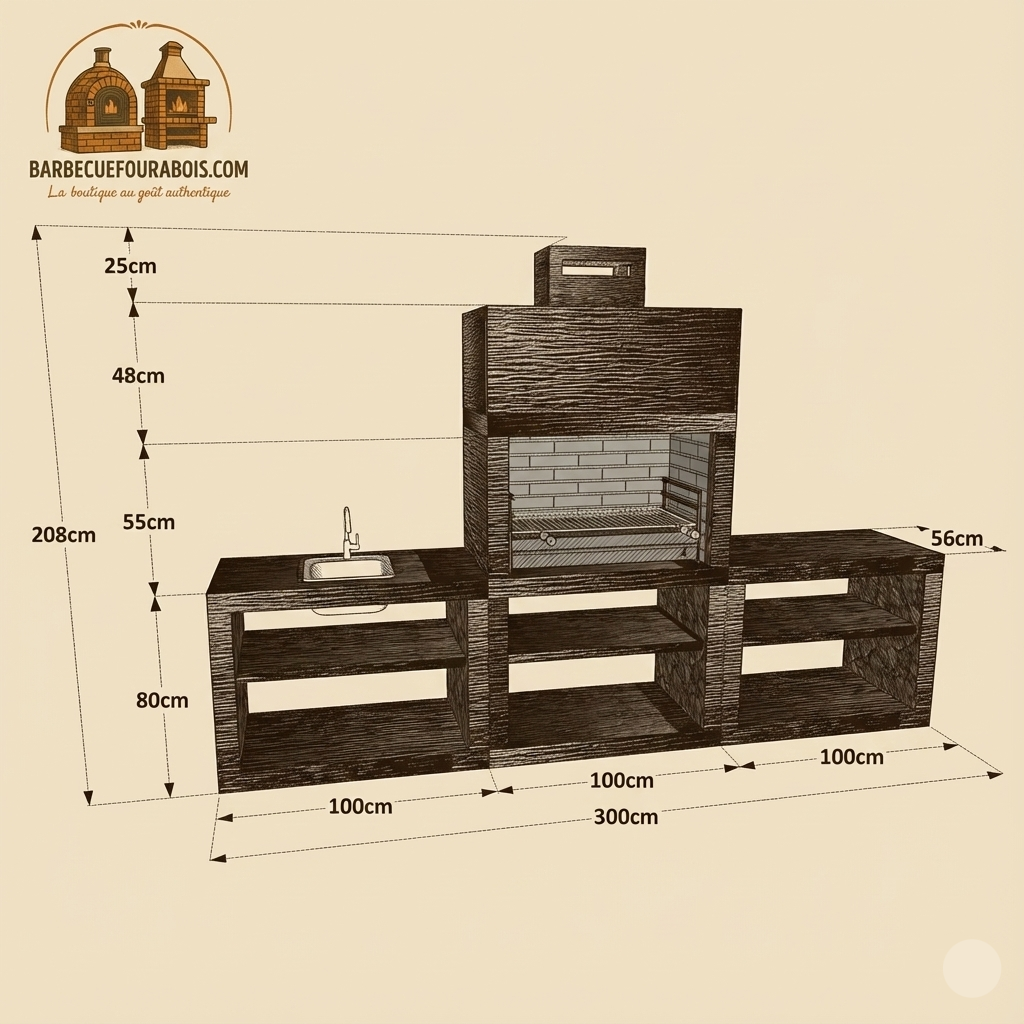 Linea 64 – Cucina da esterno moderna da 300 cm (2 moduli) – griglia in acciaio da 80 cm, lavello opzionale