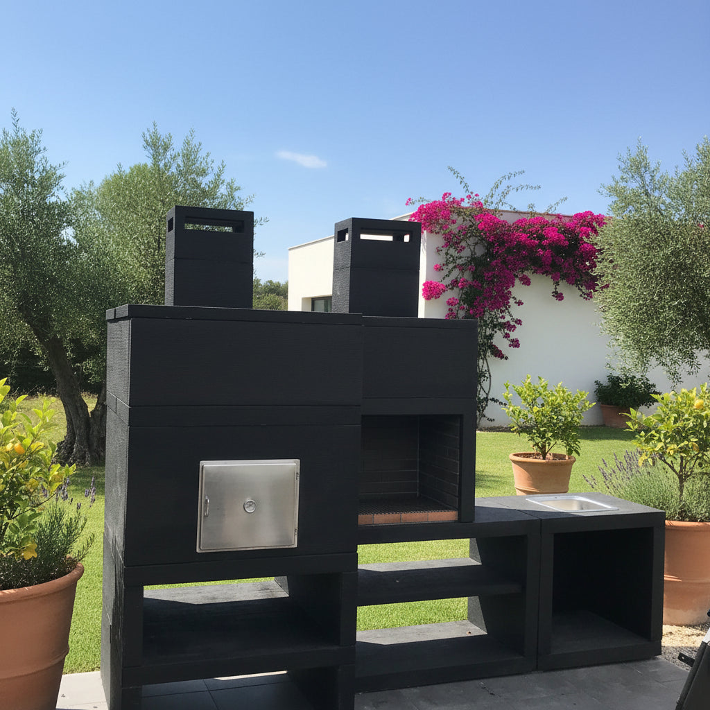 Linea 30F – Cucina da esterno modulare con forno Ø80 cm, griglia da 60 cm e modulo lavello (opzionale)