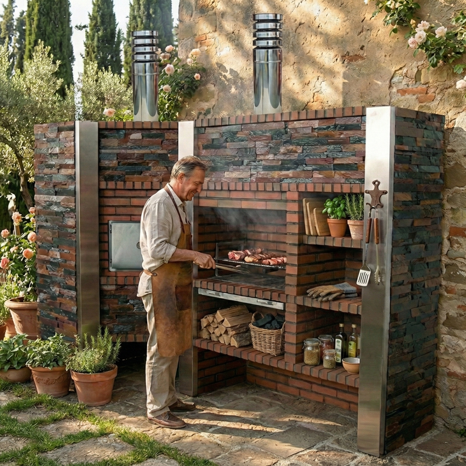 Inoxa 408 (Serie 400) – Cucina da esterno ad angolo con forno Ø75, griglia inox 80×38 e piano in gres