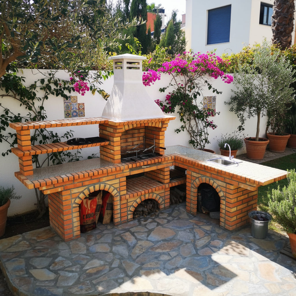 Calabria 702 – Barbecue d’angle en brique & pierre reconstituée avec évier – ouverture 60 cm