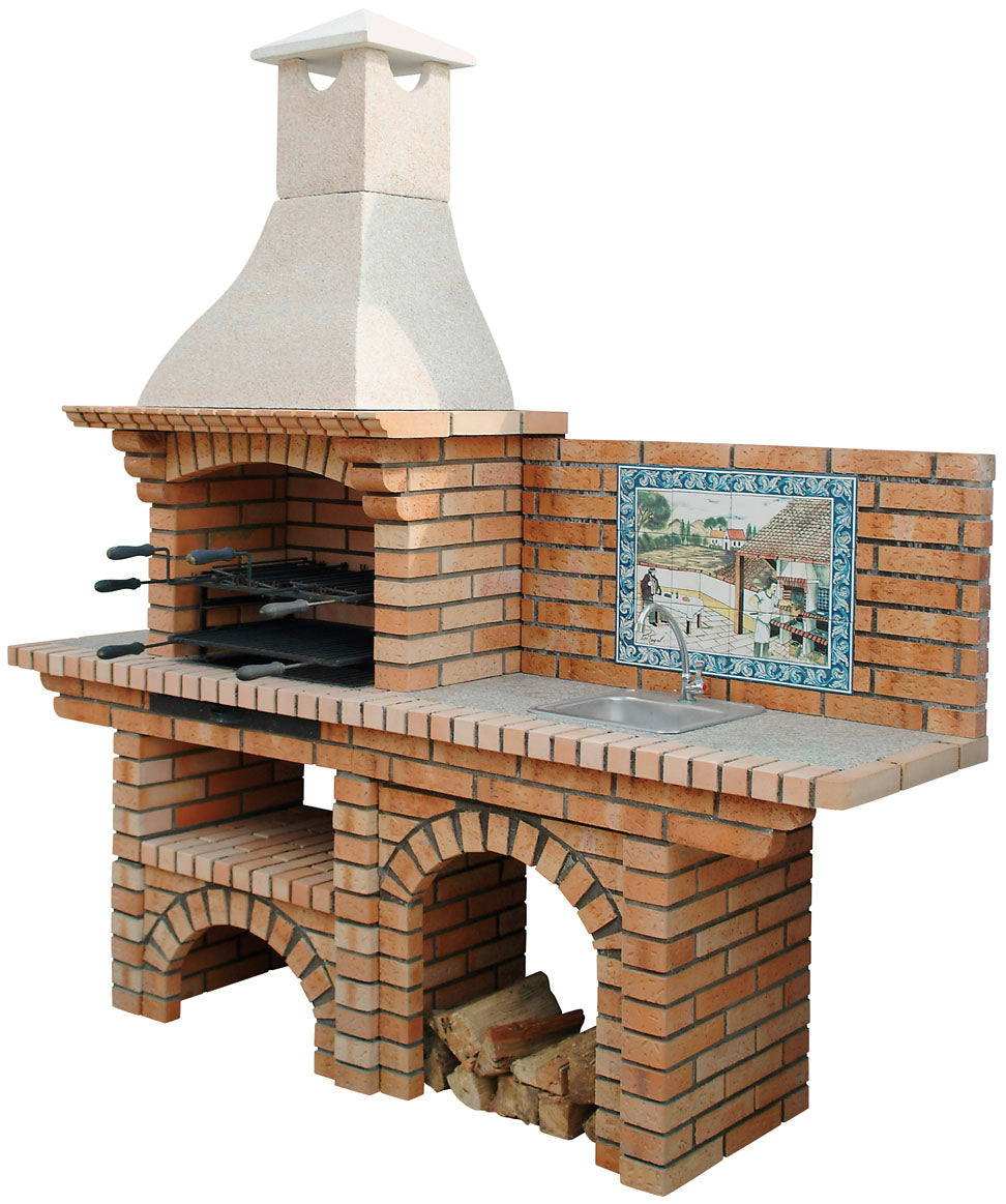 Calabria 502 – Barbecue in mattoni con piano di lavoro (lato a scelta) – affresco incluso (lavello + griglia inox opzionali)