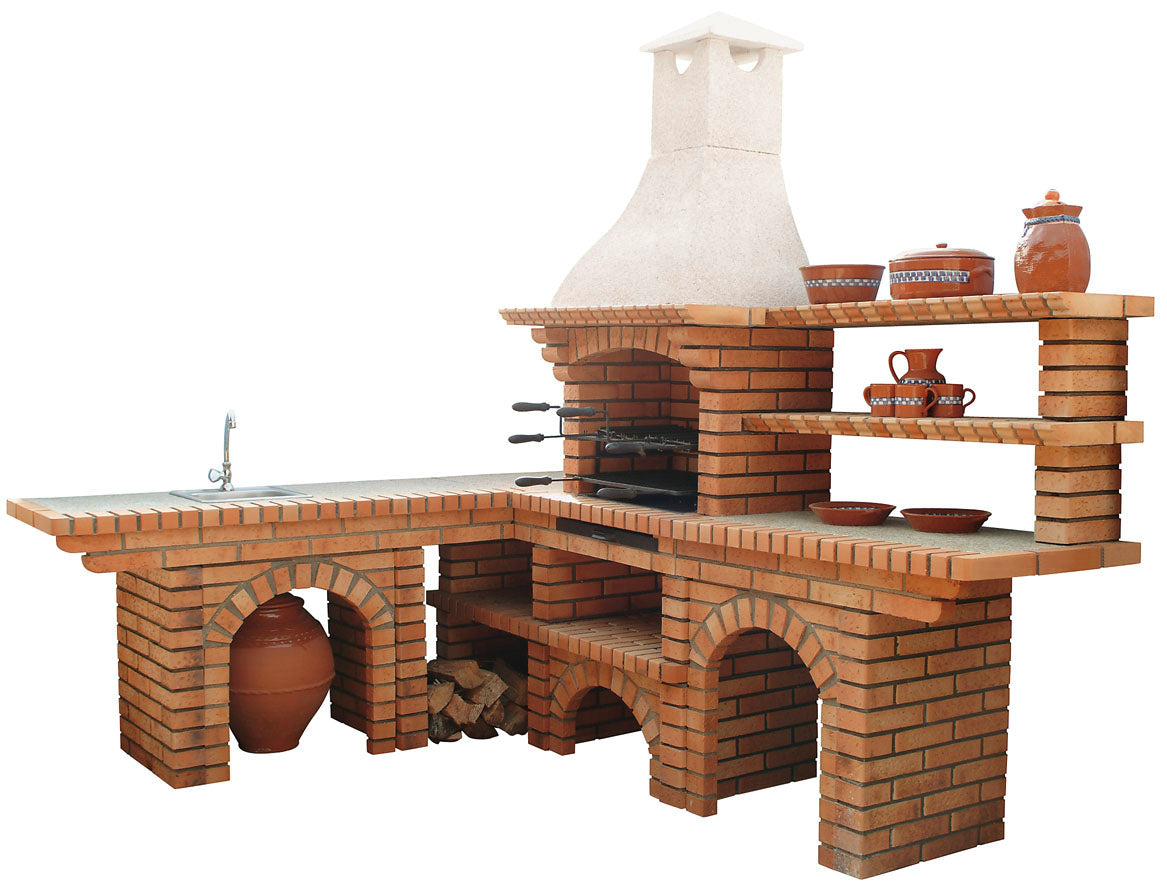 Calabria 702 – Barbecue ad angolo in mattoni e pietra ricostituita con lavello – apertura da 60 cm