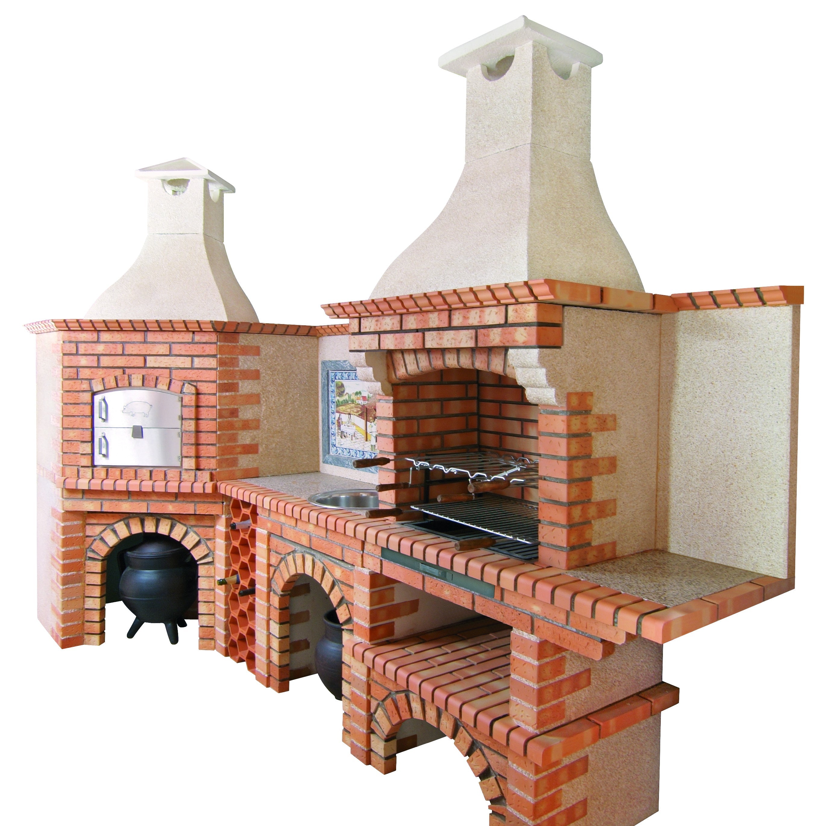 Calabria 1008 – Forno per pizza ad angolo con barbecue e lavello inox – 350×114 cm