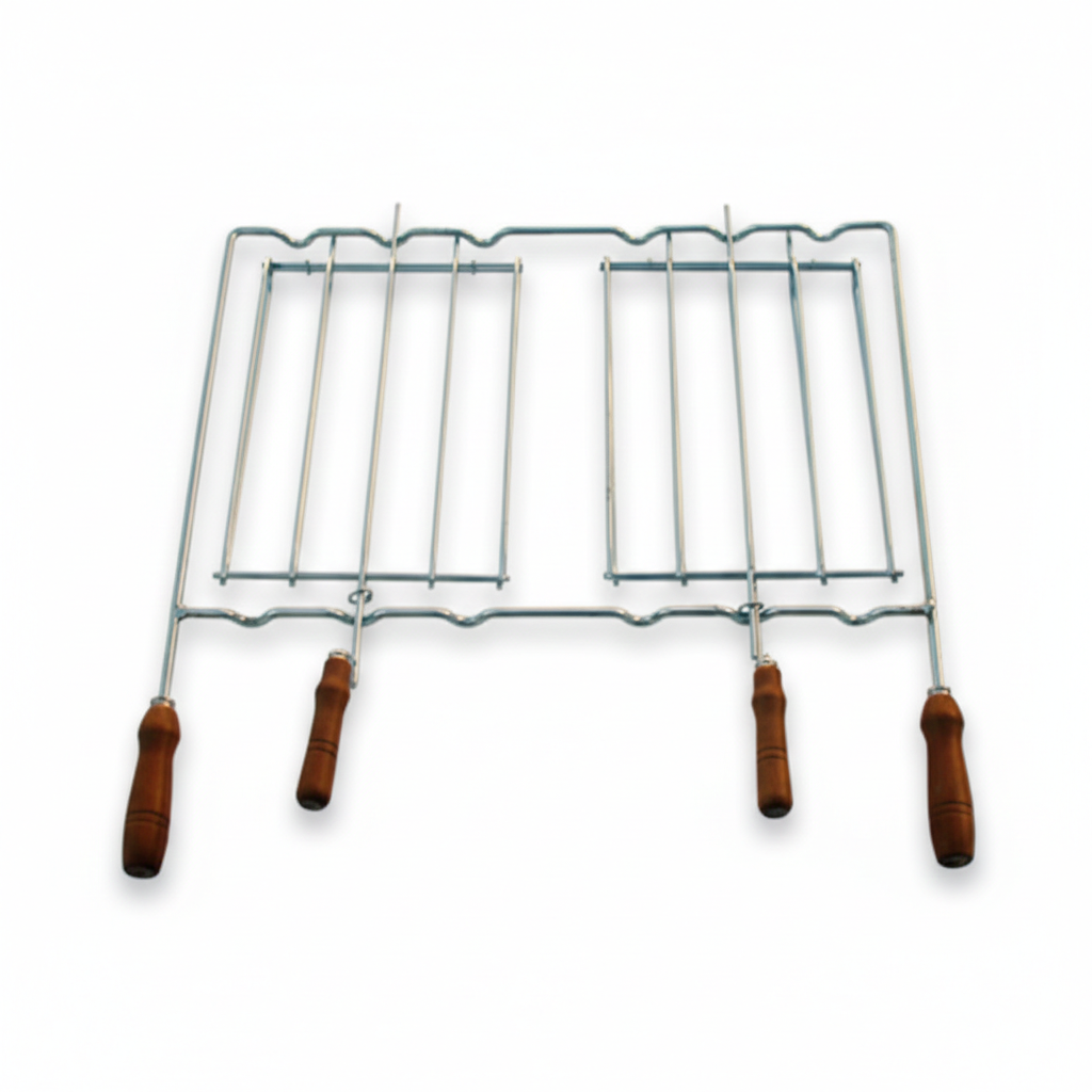 Griglia doppia per barbecue – Manici in legno (pesce e grigliate) – Acciaio o inox – 5 misure