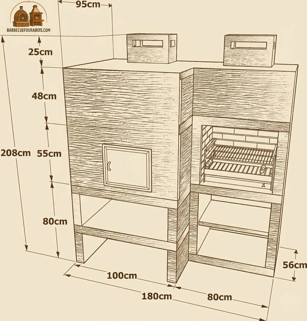 Linea 10F – Barbecue moderno + forno a legna Ø80 cm (griglia in acciaio da 60 cm inclusa)