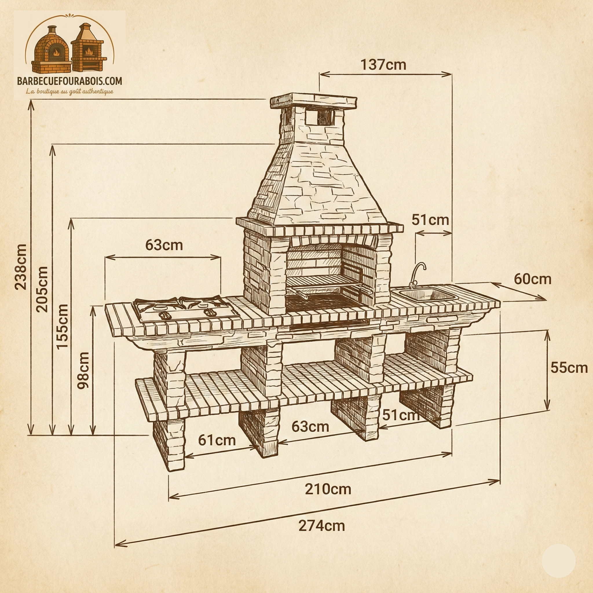 Rustika 209 – Barbecue in pietra ricostituita con doppio piano di lavoro (lavello opzionale)