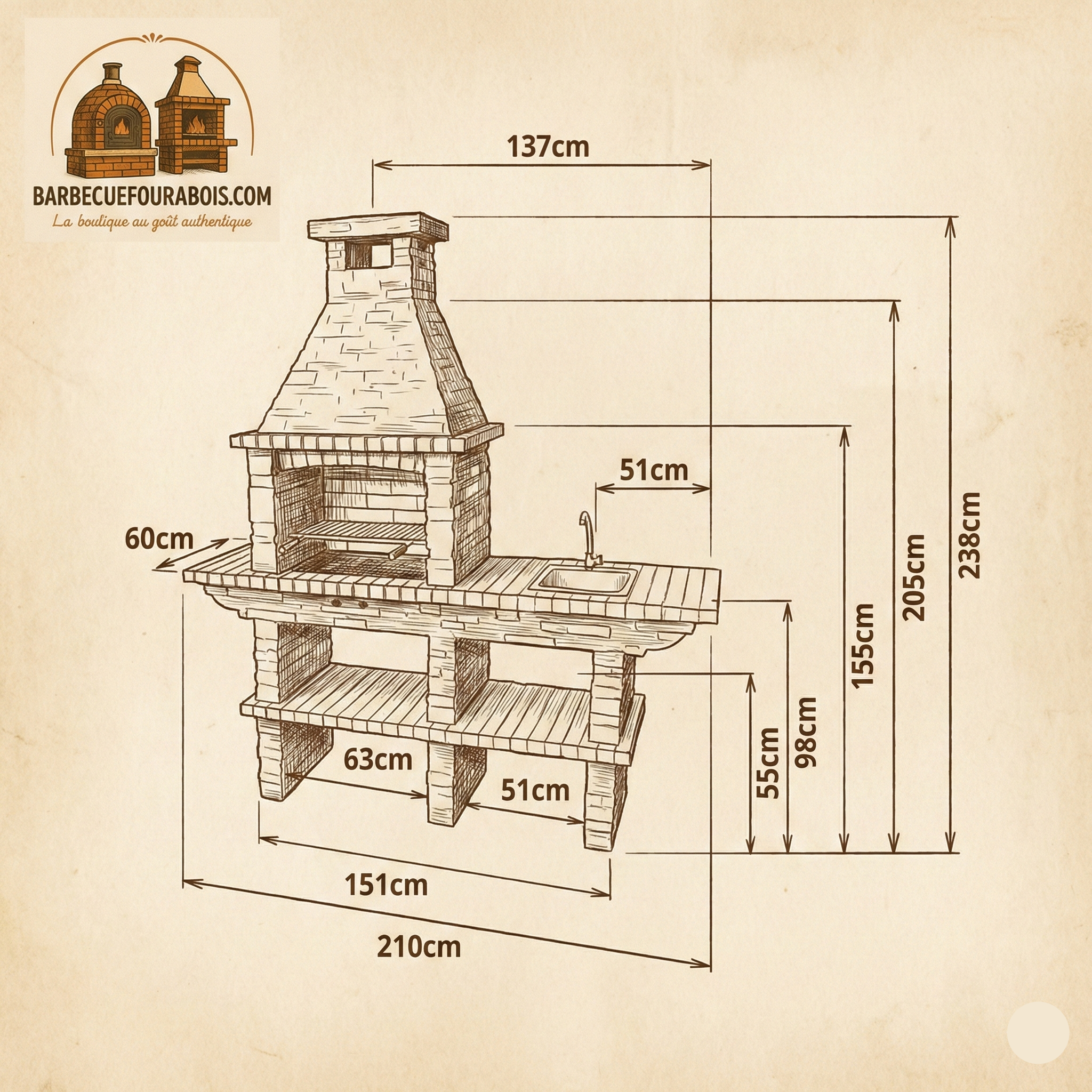 Rustika 207 – Barbecue in pietra ricostituita con piano di lavoro (lavello + rubinetto opzionali) – griglia da 60×38 cm