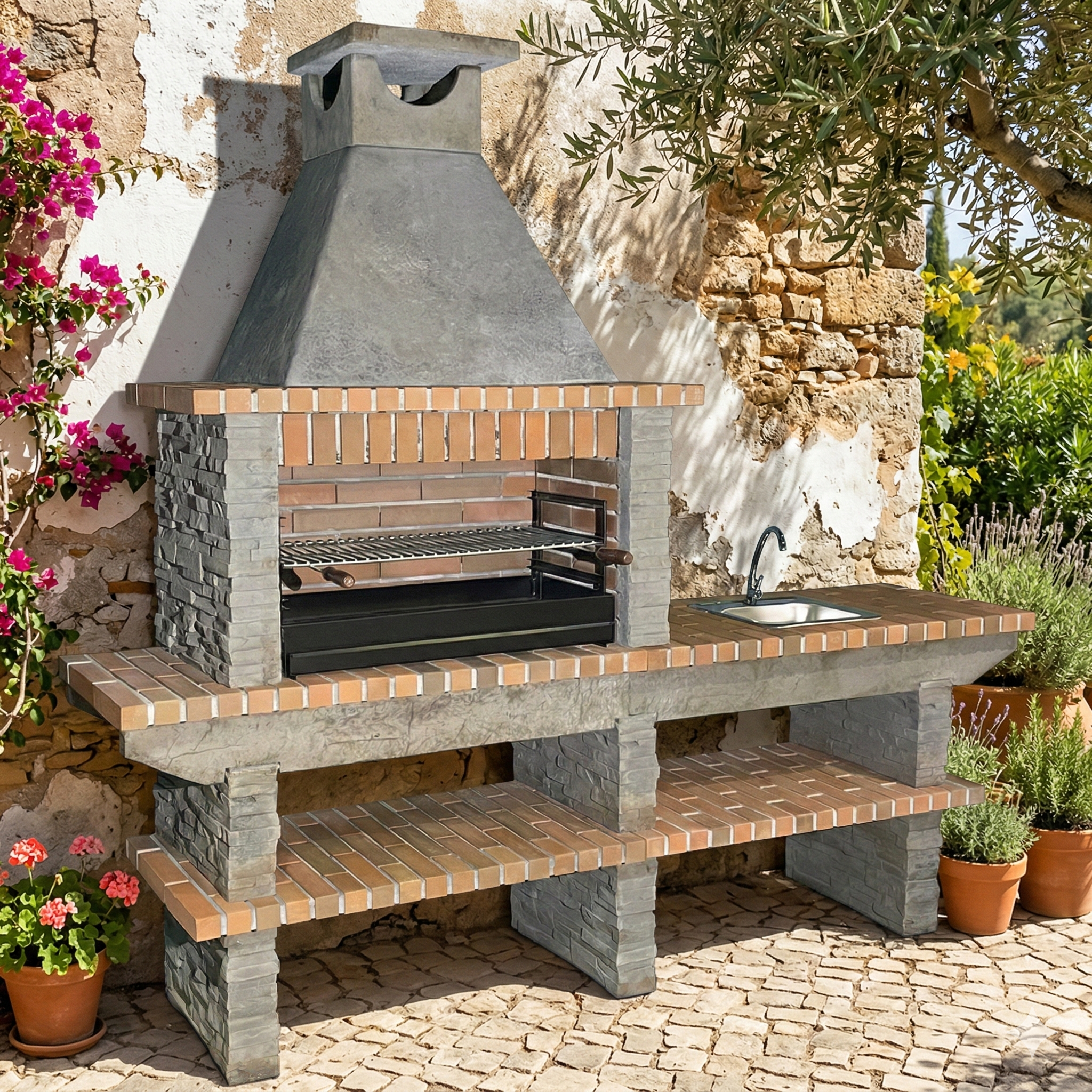 Basalto 380 – Barbecue in pietra ricostituita effetto ardesia con prolunga – Griglia da 80 cm (grigio o marrone) – Lavello in inox opzionale