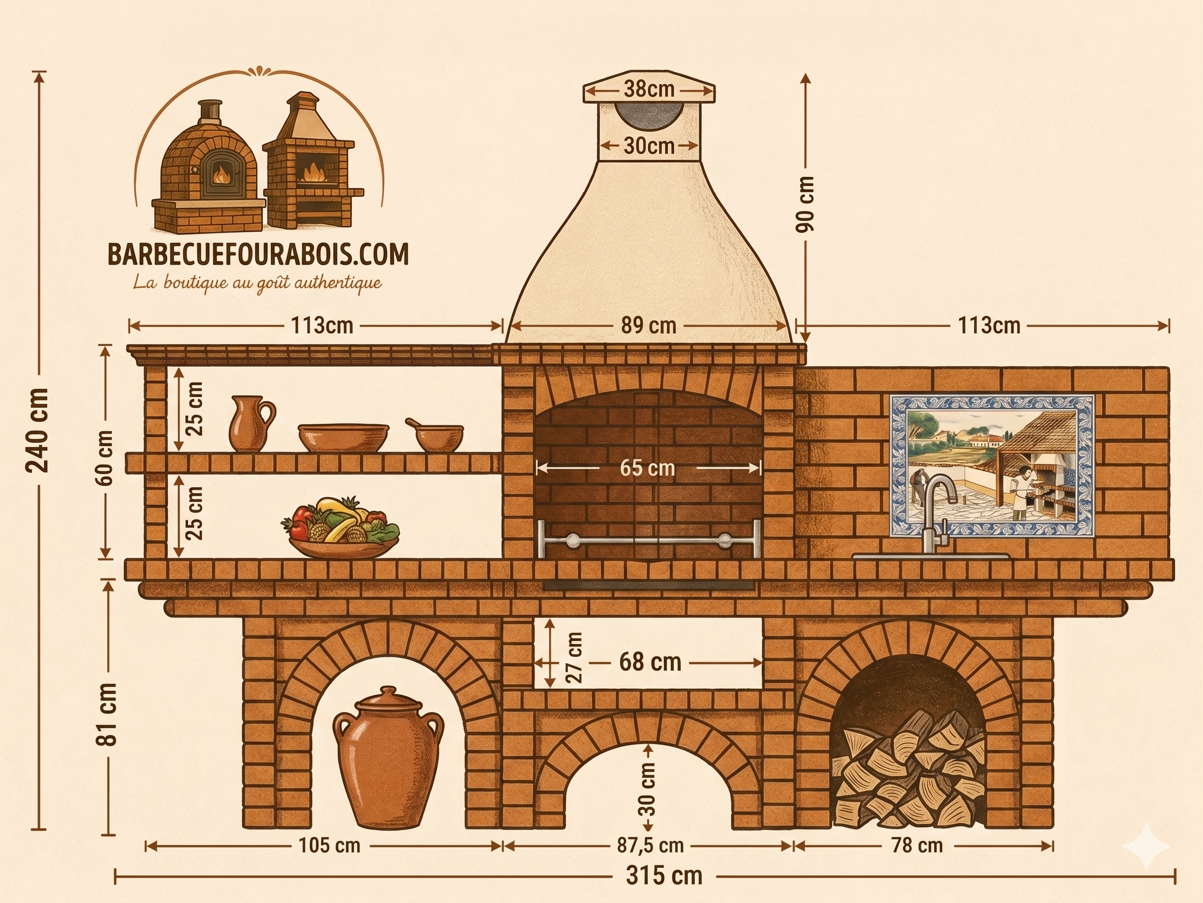 Calabria 601 – Barbecue interamente in mattoni con 2 tavoli (mensole + lavello opzionali) – affresco incluso