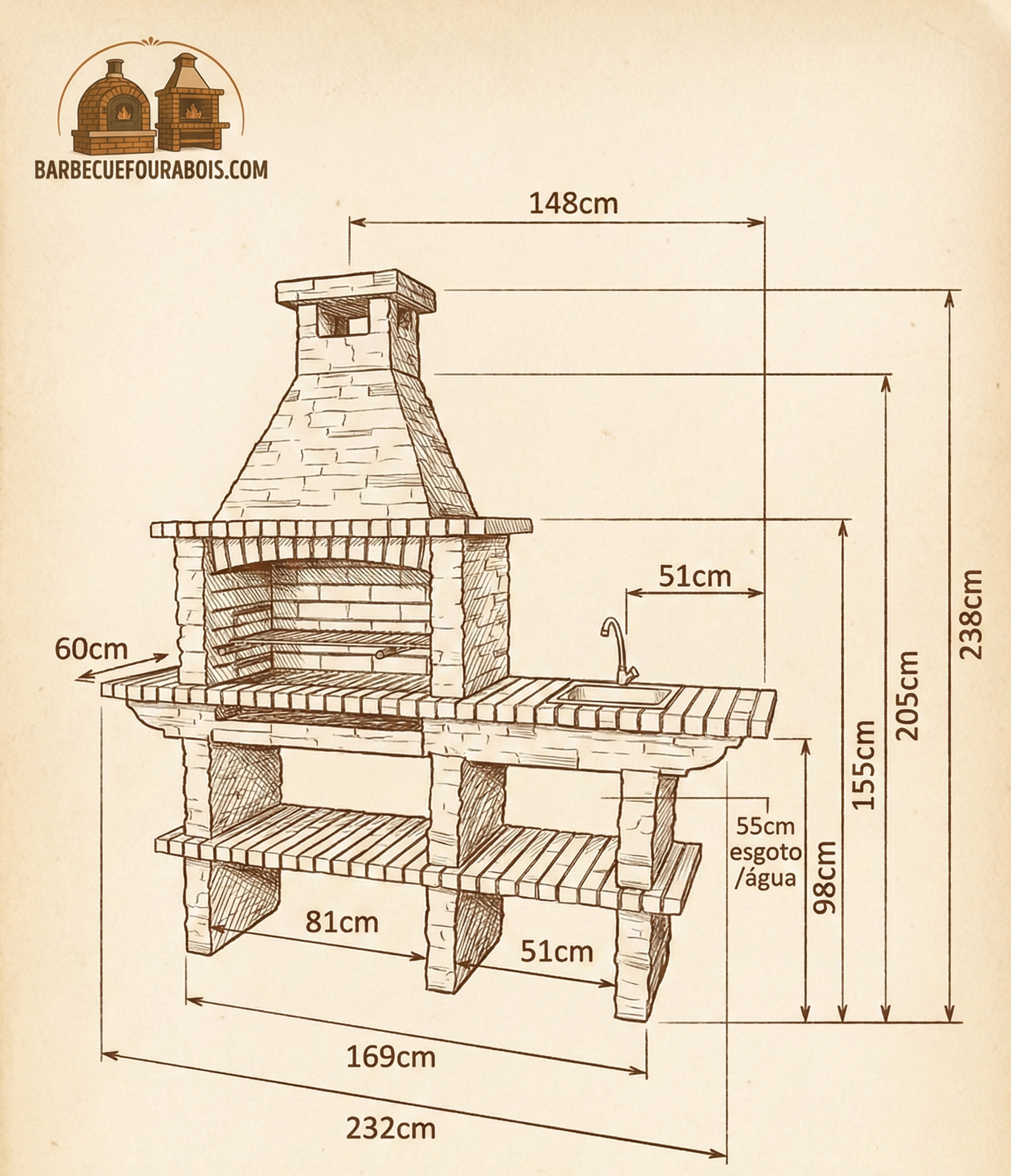 Rustika 208 – Barbecue in pietra ricostituita con piano di lavoro e griglia da 80×38 (lavello + rubinetto opzionali)