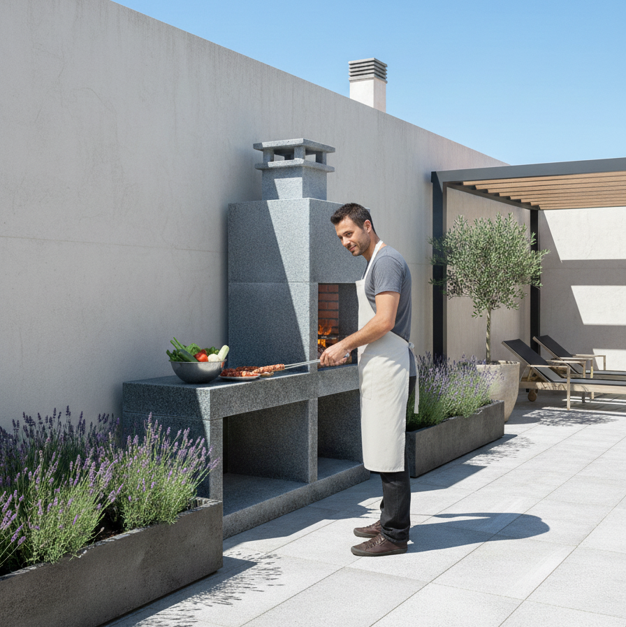 Pietra 049 – Cucina da esterno moderna in granito con griglia da 60 cm (187 cm)