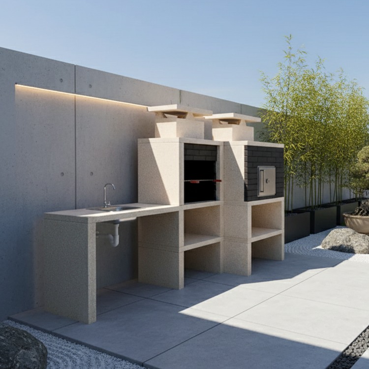 Nexa 614 – Barbecue moderno con forno Ø75 cm + lavello (reversibile) – griglia da 60×40 (acciaio inox opzionale)
