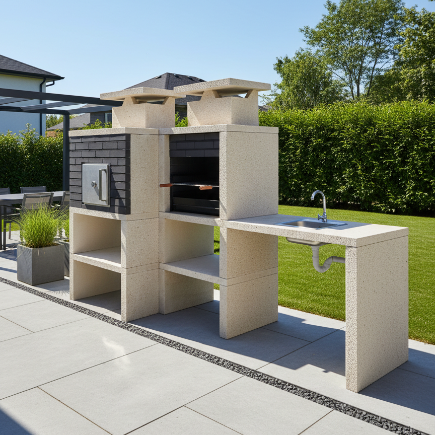 Nexa 614 – Barbecue moderno con forno Ø75 cm + lavello (reversibile) – griglia da 60×40 (acciaio inox opzionale)