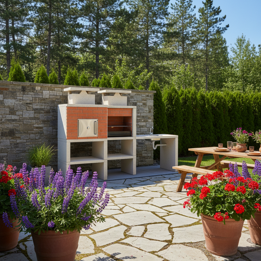 Nexa 614 – Barbecue moderno con forno Ø75 cm + lavello (reversibile) – griglia da 60×40 (acciaio inox opzionale)
