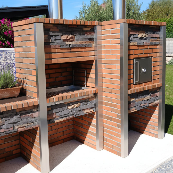 Inoxa 307 – Cucina da esterno premium in pietra ricostituita con forno Ø75 cm + barbecue 80×38 e piano in gres