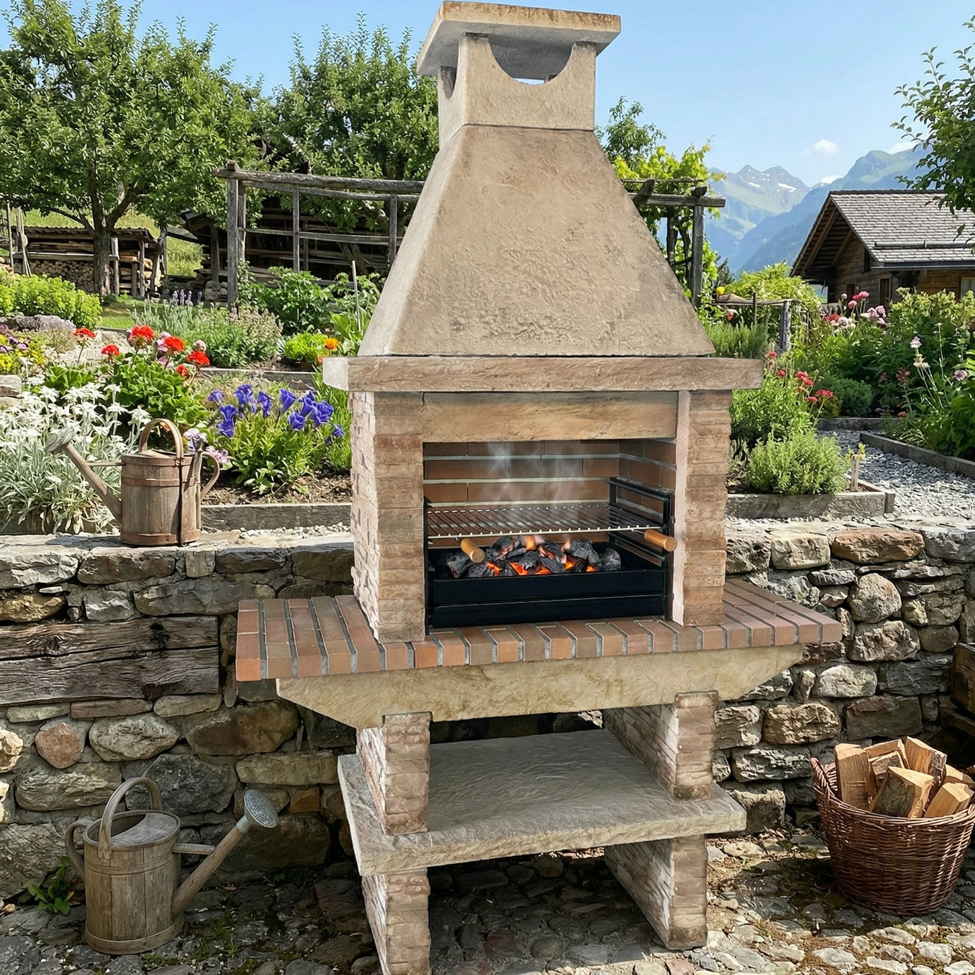 Basalto 260 – Barbecue in pietra ricostituita effetto ardesia con ripiani laterali (grigio o marrone) – Griglia da 60 cm
