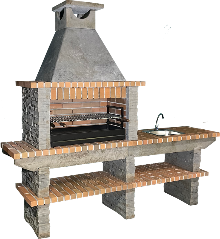 Basalto 380 – Barbecue in pietra ricostituita effetto ardesia con prolunga – Griglia da 80 cm (grigio o marrone) – Lavello in inox opzionale