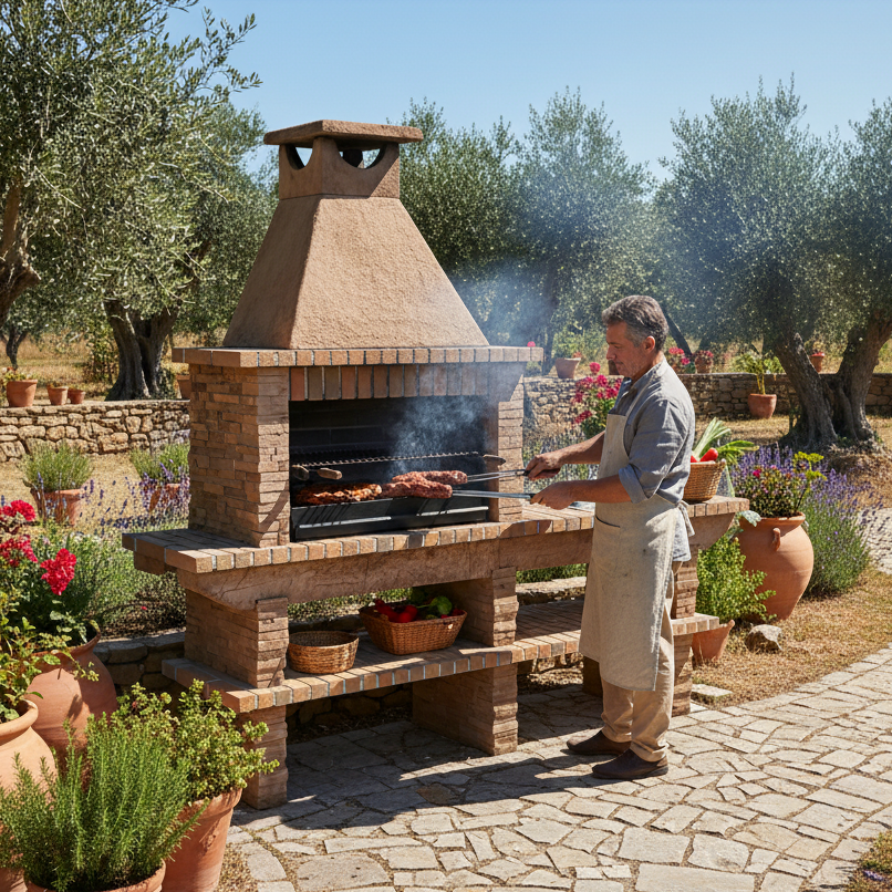 Basalto 380 – Barbecue in pietra ricostituita effetto ardesia con prolunga – Griglia da 80 cm (grigio o marrone) – Lavello in inox opzionale