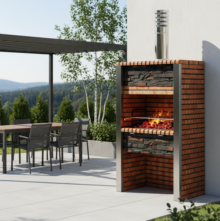 Inoxa 303 – Barbecue premium in pietra ricostituita con colonne in acciaio inox (griglia da 80×38 cm)