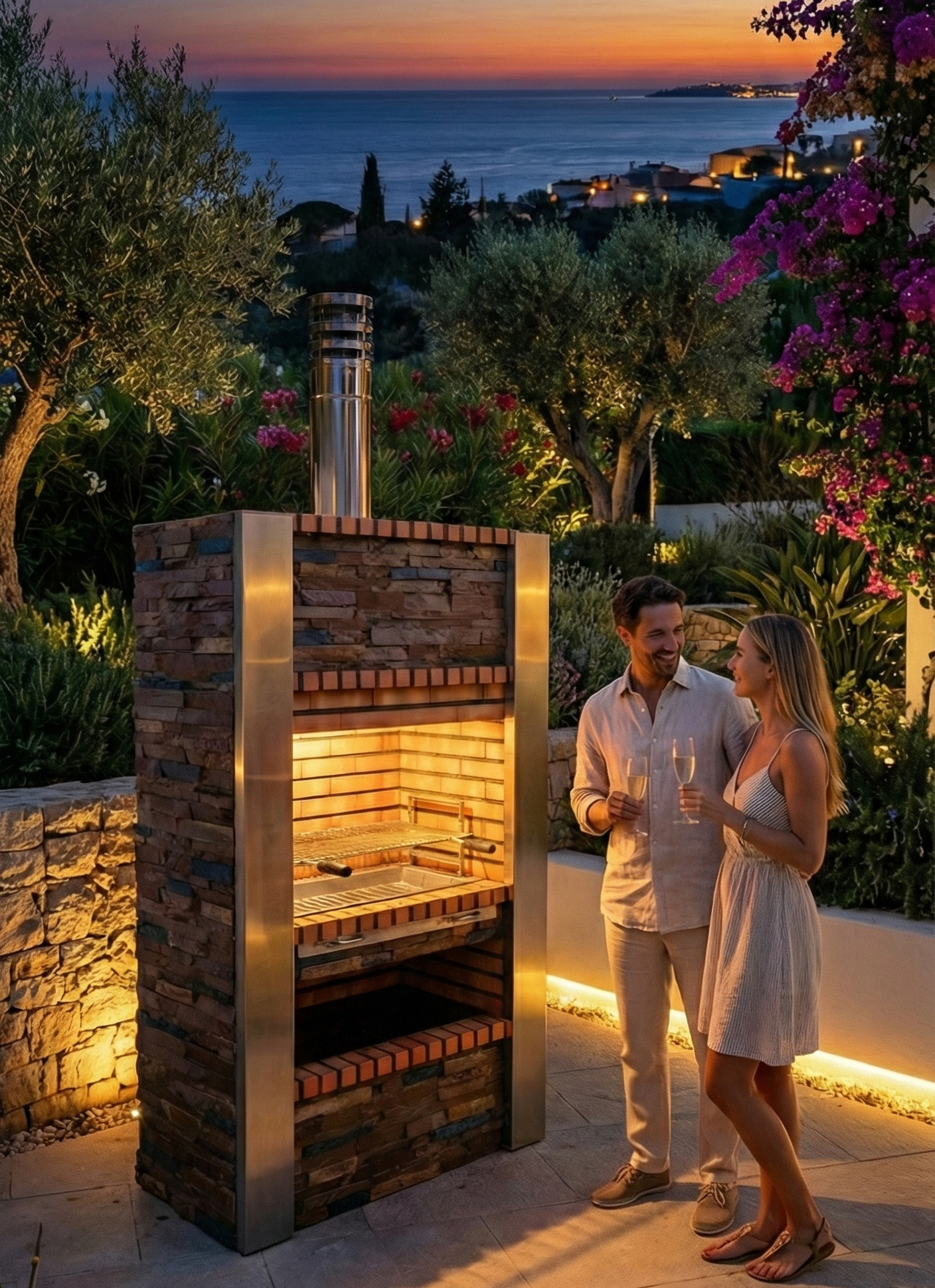 Inoxa 401 – Barbecue premium Serie 400 in pietra ricostituita e ardesia, colonne in acciaio inox (griglia in acciaio inox da 80×38 inclusa)