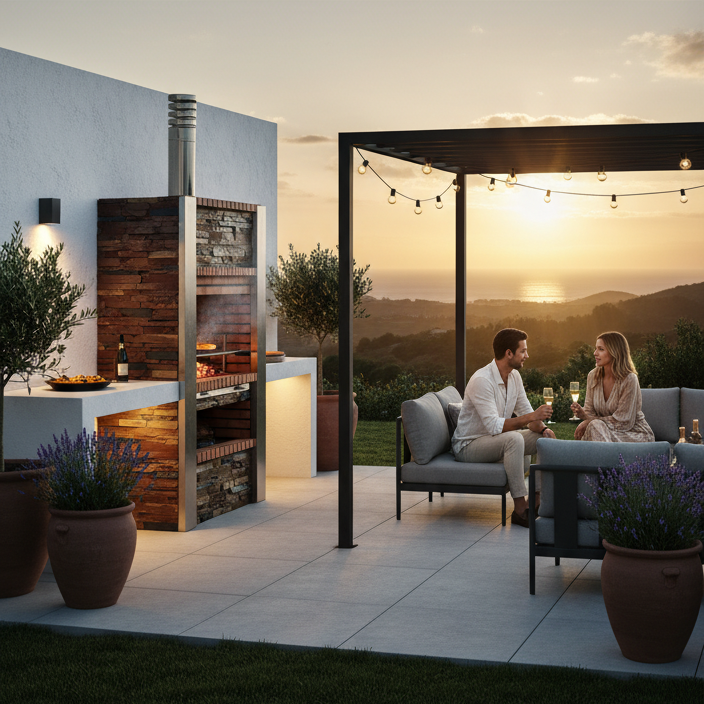 Inoxa 401 – Barbecue premium Serie 400 in pietra ricostituita e ardesia, colonne in acciaio inox (griglia in acciaio inox da 80×38 inclusa)