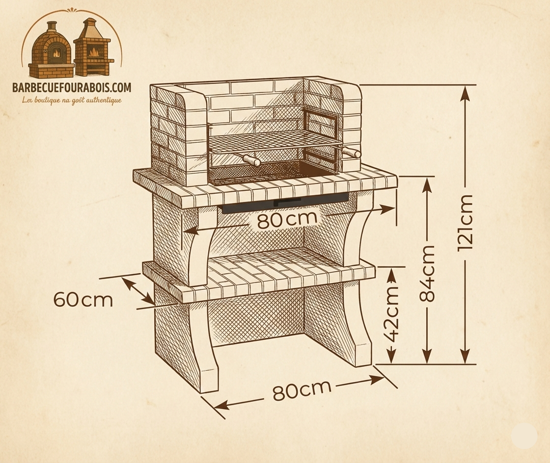 Brava 129 – Barbecue in mattoni senza cappa (carbone e legna) – Compatto 80×60 cm