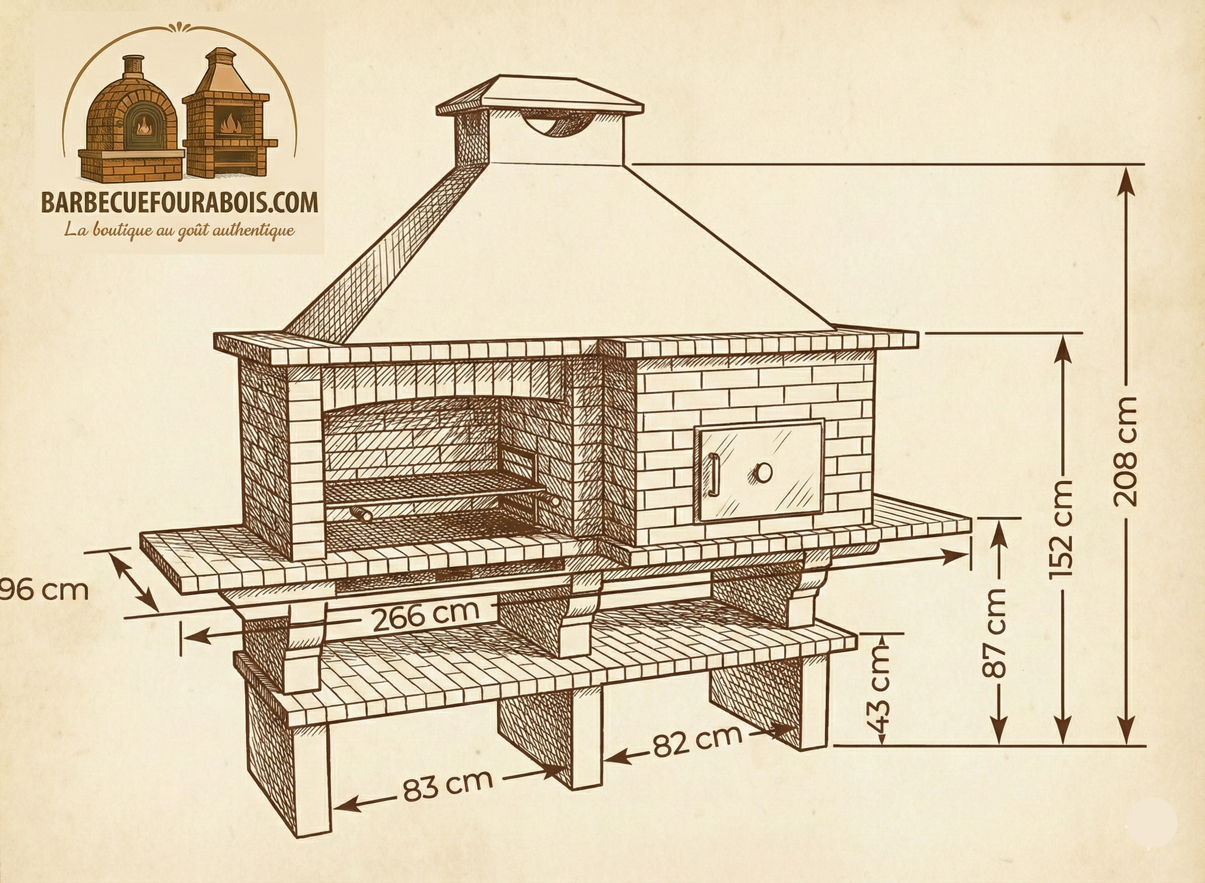 Brava 132 – Barbecue in mattoni di grandi dimensioni (266×96 cm) con griglia da 80 cm