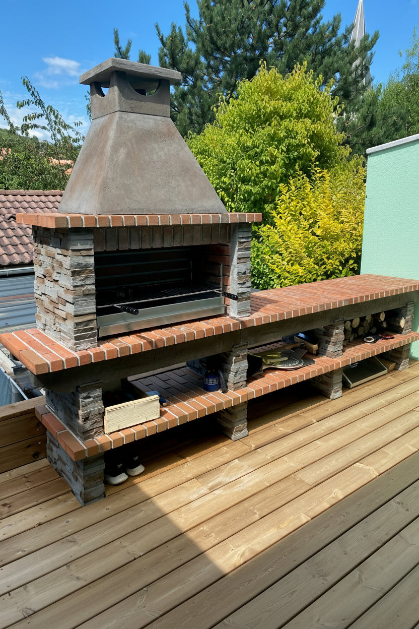 Basalto 480 – Barbecue in pietra ricostituita effetto ardesia con grande tavolo e piano di lavoro – Griglia da 80 cm (grigio o marrone) – Lavello in inox opzionale