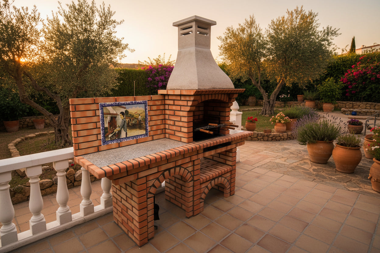 Calabria 502 – Barbecue in mattoni con piano di lavoro (lato a scelta) – affresco incluso (lavello + griglia inox opzionali)