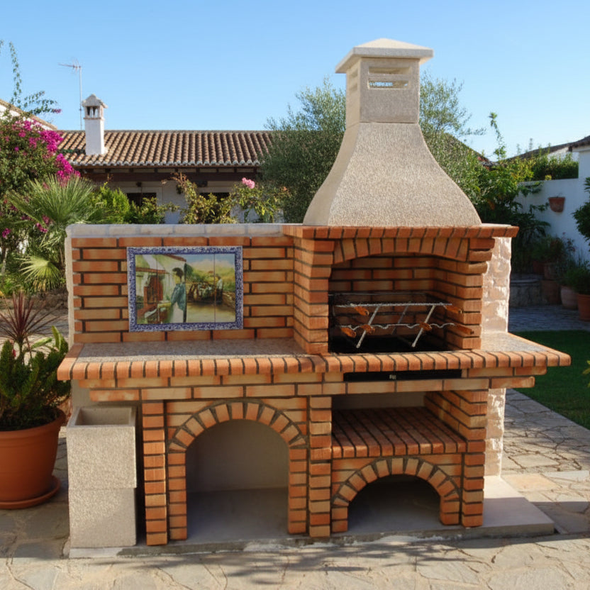 Calabria 502 – Barbecue in mattoni con piano di lavoro (lato a scelta) – affresco incluso (lavello + griglia inox opzionali)