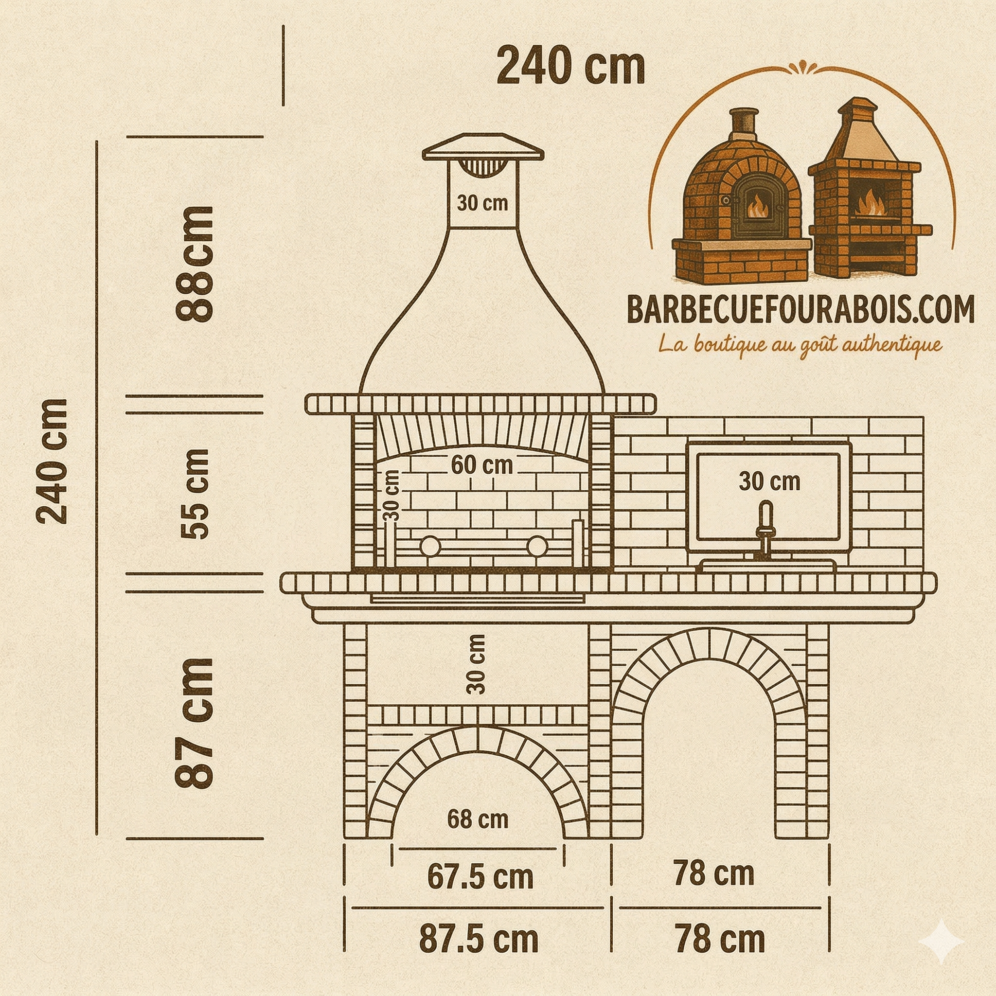 Calabria 502 – Barbecue in mattoni con piano di lavoro (lato a scelta) – affresco incluso (lavello + griglia inox opzionali)